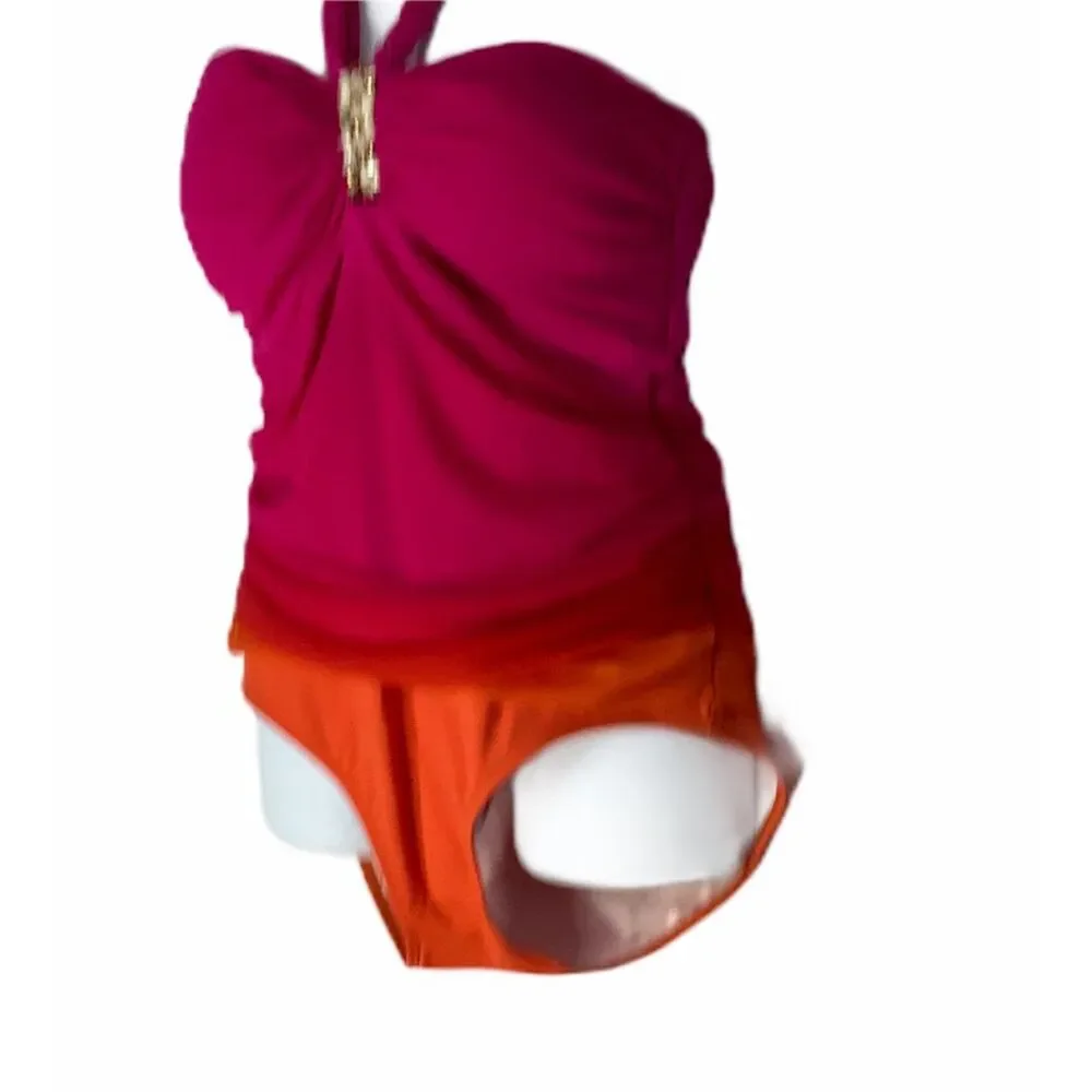 Ralph Lauren Swimsuit One‎ Piece Sz 12 Orange Pink Ruffle Halter Rhinestones
